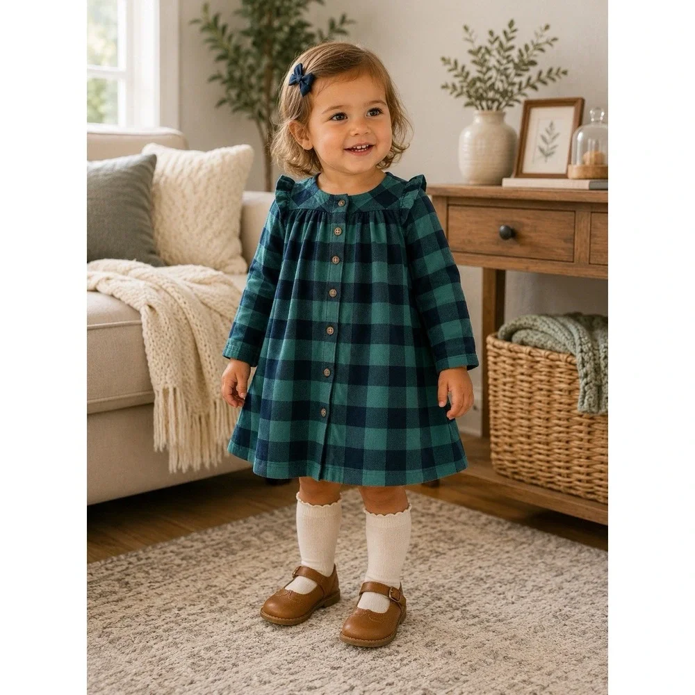 Hanna Andersson Girls 2T Green Blue Buffalo Plaid Button Front Dress Cotton